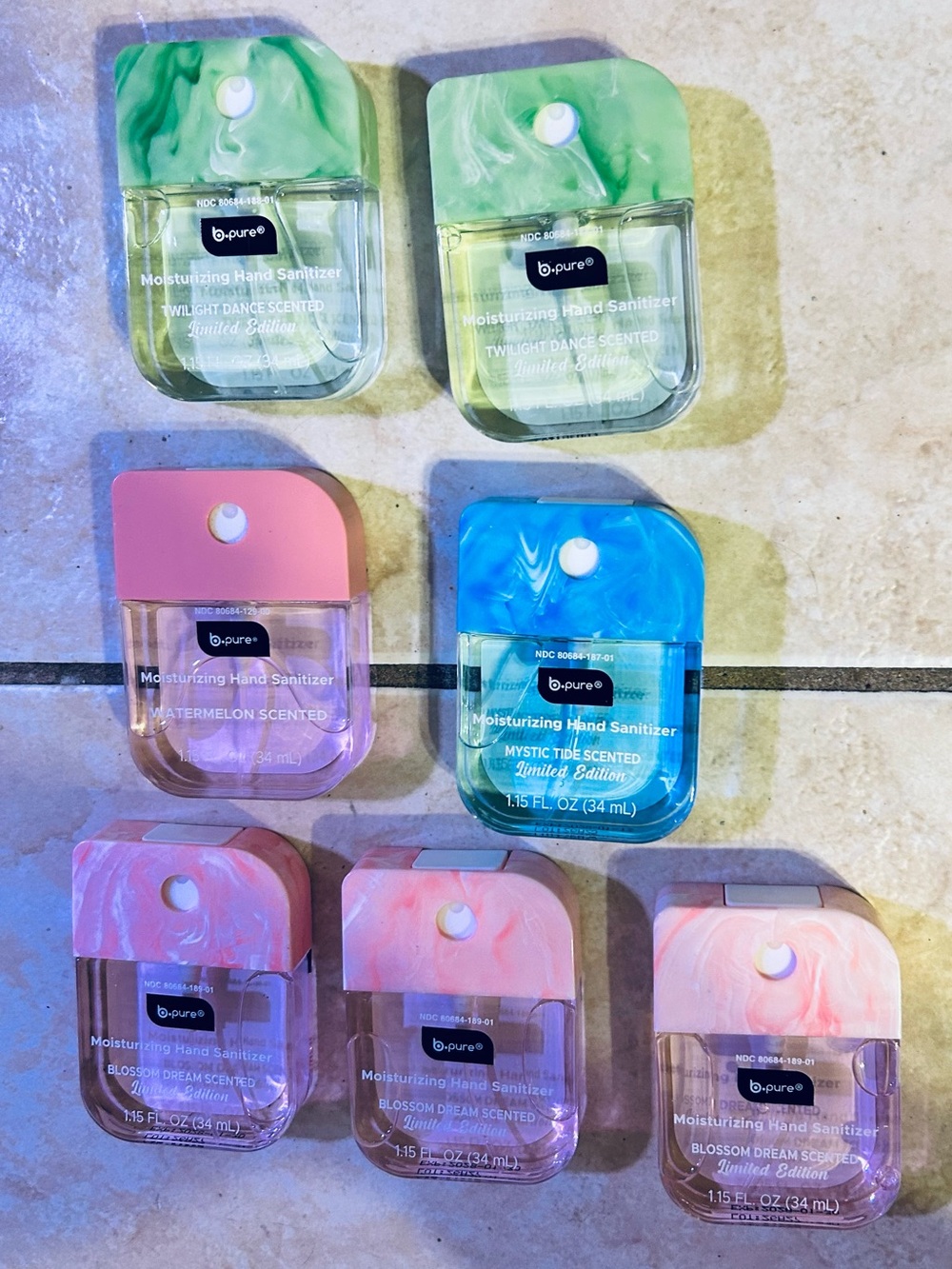 NWT-Set of 7 bPure Moisturizing Hand Sanitizer. 1.15 fl oz / 34 ml.,